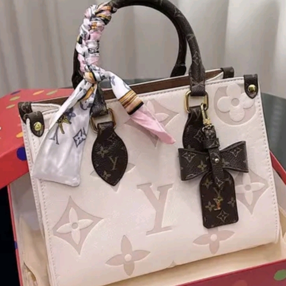 other Handbags - Cream and Brown Monogram Tote with Scarf AND CHARM 10x8